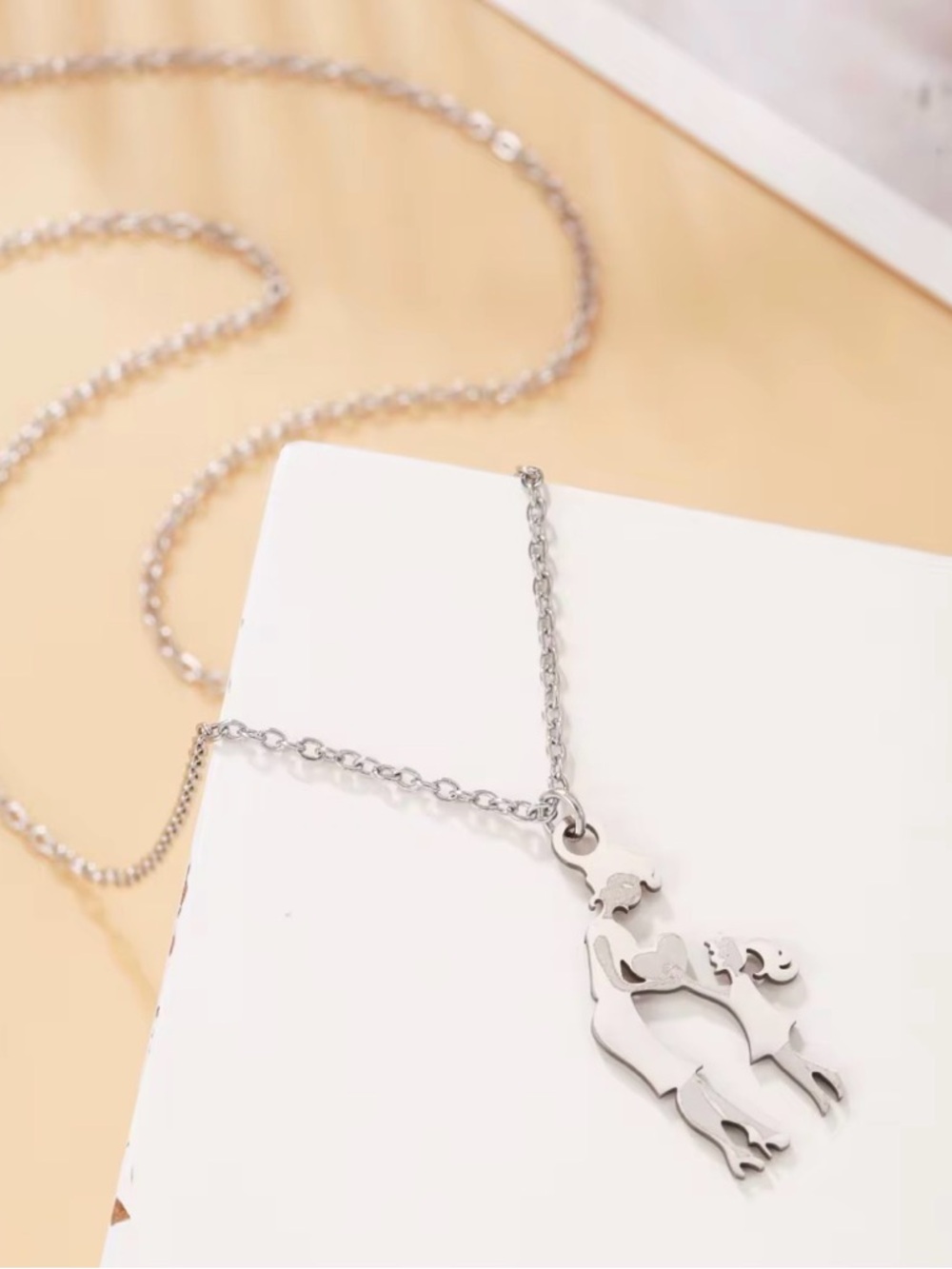 Mother and Child Heart Pendant Necklace  Silver